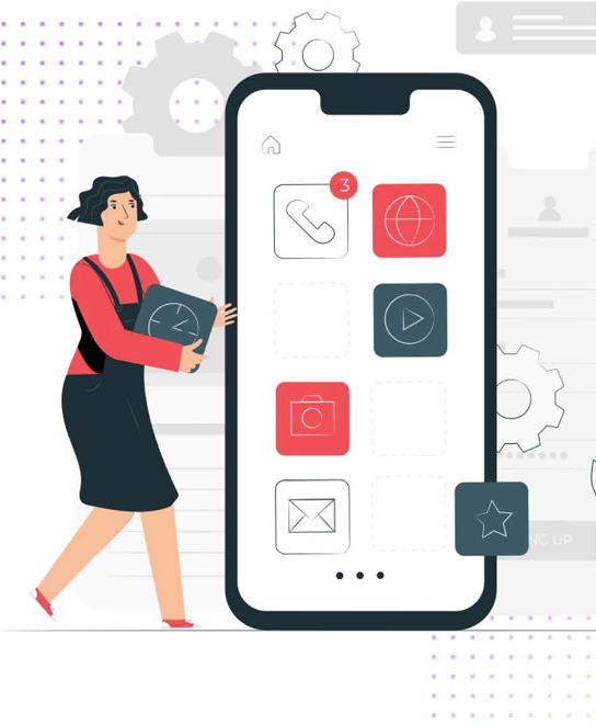 Illustration of a professional woman holding a smartphone displaying a user interface with colorful app icons